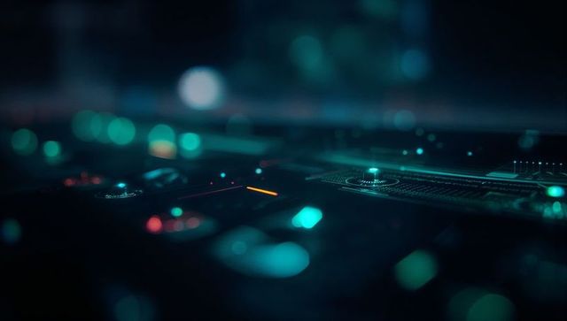 Futuristic circuit board with glowing led lights and microchips