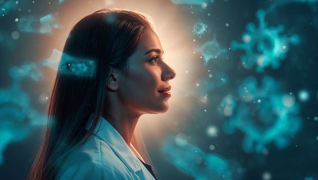 Gazing female scientist in lab coat studying viral structures with teal halo backlight