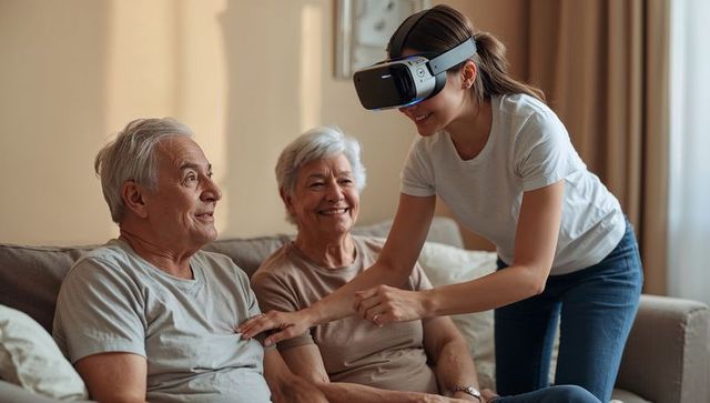 Young woman wearing vr headset entertaining senior couple on sofa at home