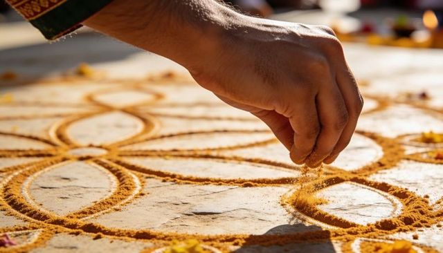 Hand sprinkling turmeric powder creating traditional rangoli kolam on home entrance
