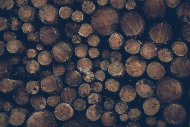 Logs stacked showing cut ends with varying sizes create a natural and rustic background. This image can be used for topics related to forestry, lumber industry, woodwork, natural textures, and backgrounds for rustic-themed projects.