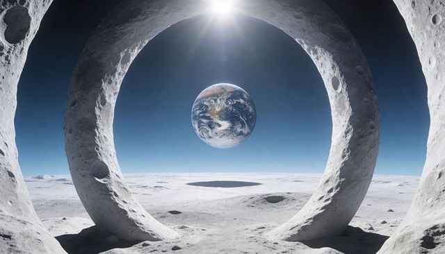Lunar ring arch framing earth hovering above horizon surreal minimalist space scene