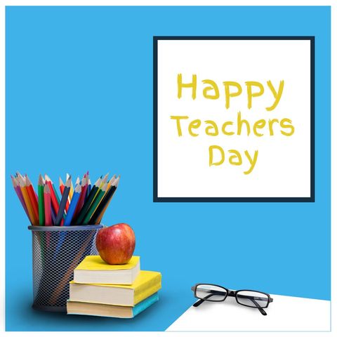 Happy Teachers Day Text with Books and Apple on Blue Background - Download Free Stock Templates Pikwizard.com