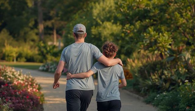 Father and Son Walking Arm-in-Arm on Sunlit Garden Path with Blooming Flowers