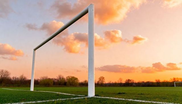 Sunset soccer goal framing empty green pitch under dramatic orange sky