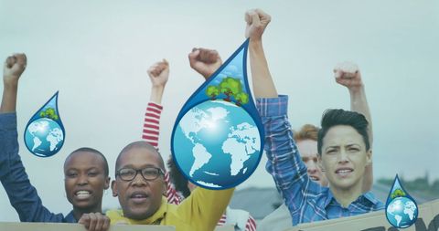 Diverse protest for climate change awareness with earth water drops