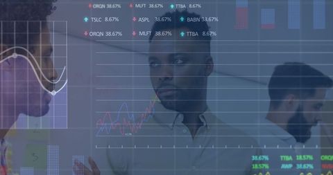 Coworkers collaborating with overlay of trading boards and graphs