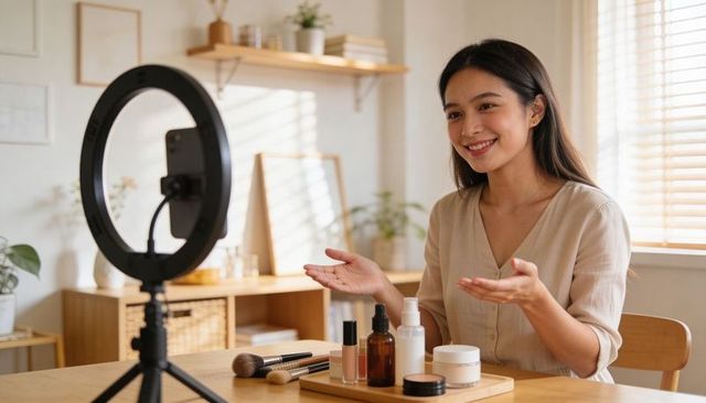 Asian woman demonstrating skincare and makeup routine on camera with ring light