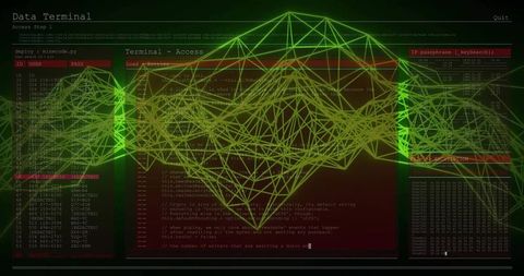 Futuristic digital interface with network visualization and terminal code