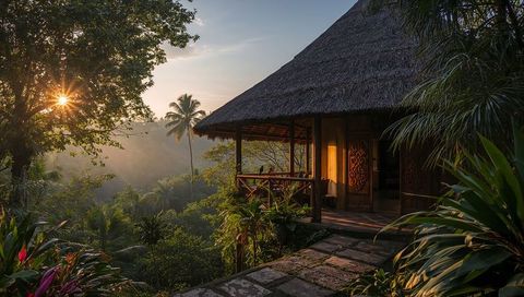 Thatched Bungalow Overlooking Tropical Valley at Sunrise with Veranda and Palm Canopy