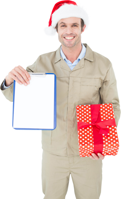 Smiling delivery man in Santa hat holding gift and displaying transparent clipboard - Download Free Stock Videos Pikwizard.com