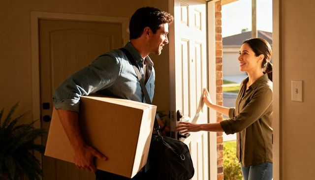 Mover delivering box and duffel while greeting smiling woman at new home doorway