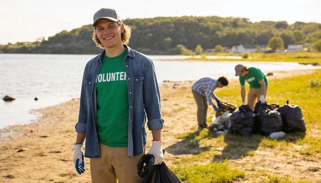 Smiling volunteer holding trash bag on lakeside cleanup with team collecting litter