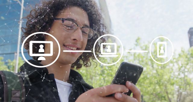 Young man in casual wear outdoors using smartphone with digital connection icons overlay. The image represents digital technology, virtual communication, and networking. Suitable for illustrating modern communication, technological advancement, youth’s engagement with technology, and virtual interactions.