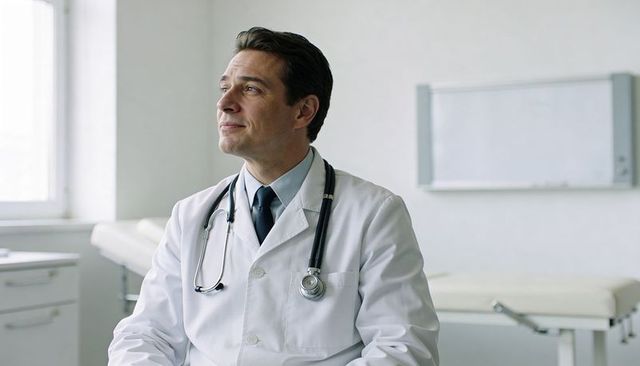 Contemplative male physician wearing white coat and stethoscope in bright clinic
