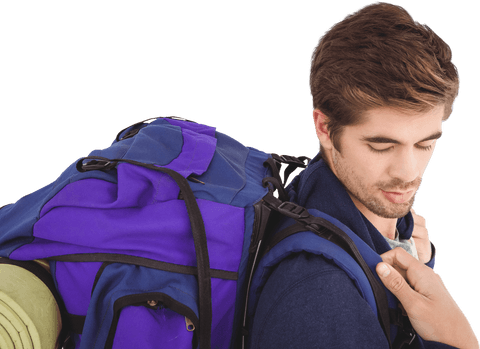 Side View of Man with Backpack Transparent Background