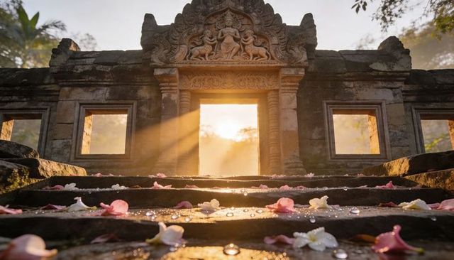 Sunlight streaming through ornate stone gateway at ancient temple ruins with dewy petals
