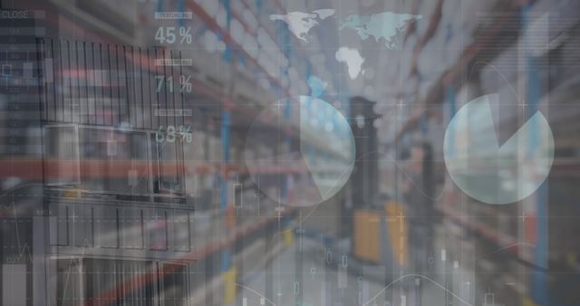 Image of financial data processing over warehouse. Global business, finances, computing and data processing concept digitally generated image.