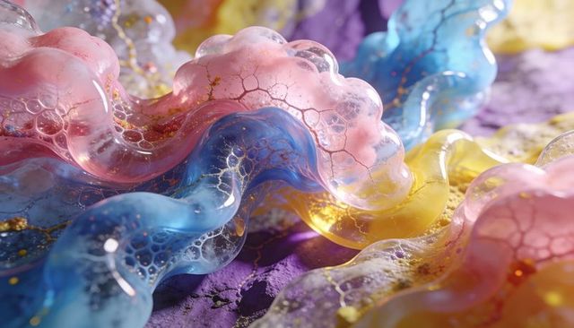 Pastel gel ribbons undulating on purple surface with translucent bubbles & gold veins