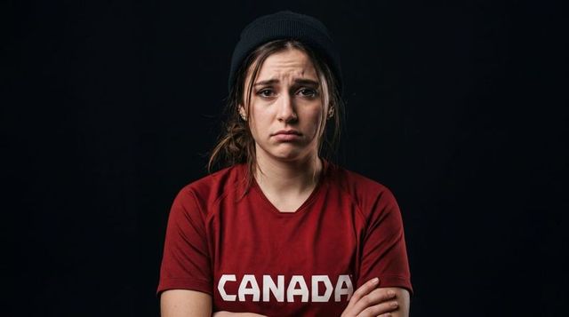 Young woman wearing canada t-shirt and beanie crossing arms looking disappointed