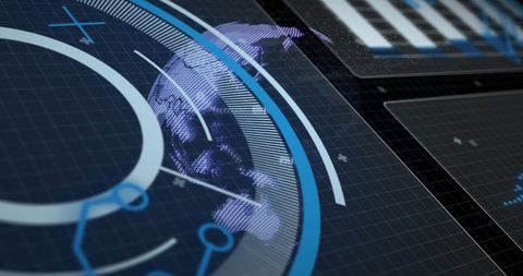Futuristic HUD with 3D Purple Globe and Neon Interface for Tech Data Visualizations