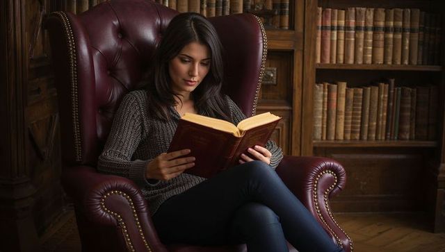 Woman reading in leather wingback chair surrounded by antique books in cozy library