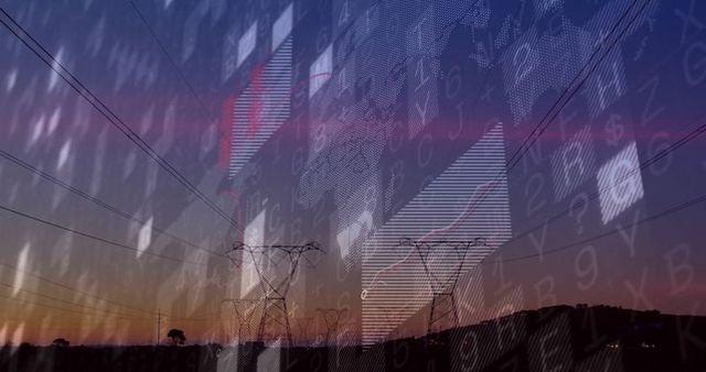 Electricity towers at sunset with digital data overlay