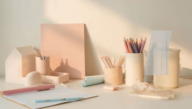 Pastel desk stationery bathing in warm sunlight minimal workspace with colored pencils
