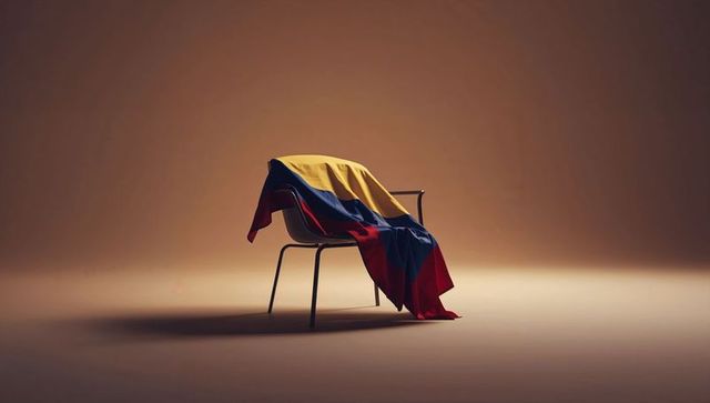Draping tricolor flag yellow blue red over chair under warm spotlight minimalist studio