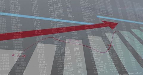 Rising red arrow cutting through finance dashboard with error codes and data overlays