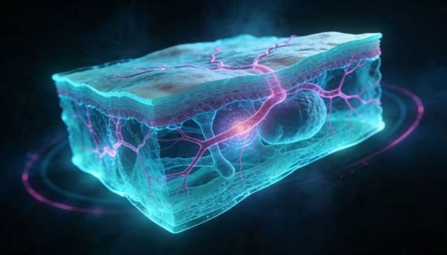 Glowing cyan tissue block with magenta vascular network converging on luminous nodal junction