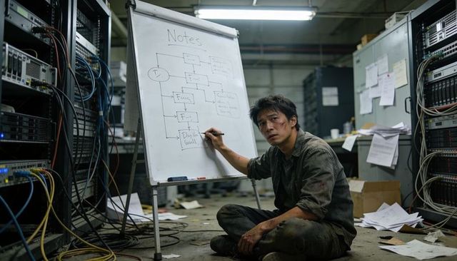 Asian male it technician writing network diagram on whiteboard in gritty datacenter amid server rack