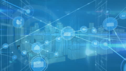 Digital Network Web Interface Overlaying Futuristic City