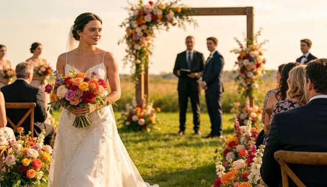 Golden-hour bride walking down floral aisle holding vibrant bouquet at outdoor wedding