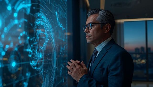Executive analyzing holographic data display at dusk in office for strategic insights
