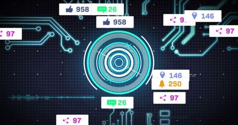 Holographic HUD Pulsing on Digital Grid Displaying Social Media Metrics, Notifications, Network
