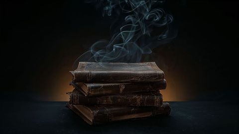 Antique books emitting smoky swirl with warm backlight