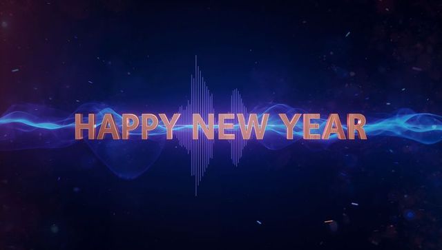 Copper 3d happy new year text with neon waveform and futuristic particle celebration glow