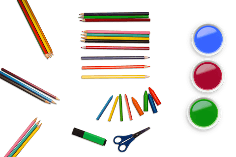 Colorful school supplies layout on transparent background