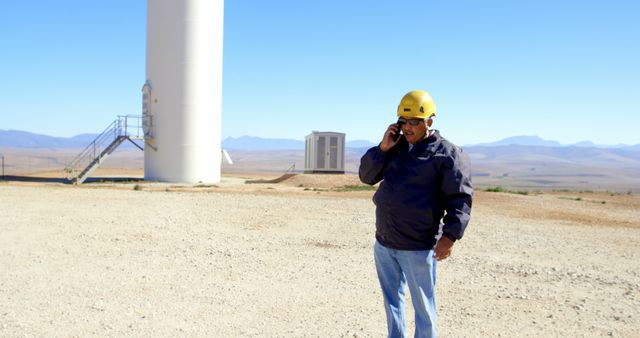 Engineer stands near wind turbine talking on phone in remote desert wind farm, ideal for use in articles about renewable energy, engineering, or remote worksites. Perfect for illustrating topics on sustainable energy solutions, engineering careers, and desert-based renewable energy projects.