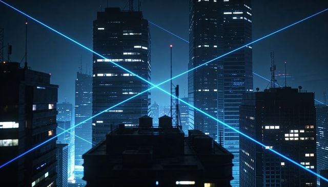 Cinematic neon city skyline with crossing cyan laser beams and futuristic rooftop antennas