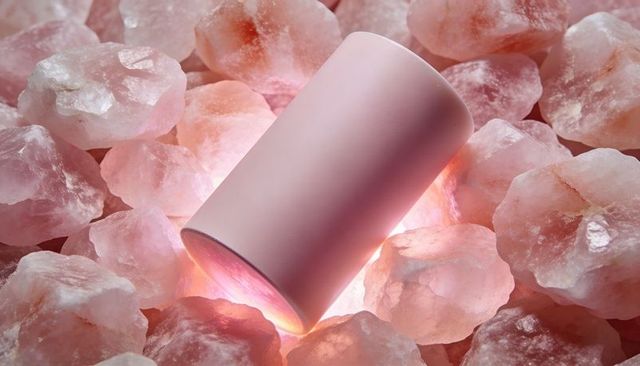 Matte pink cylinder lamp emitting warm rose glow on himalayan salt crystals, minimal decor