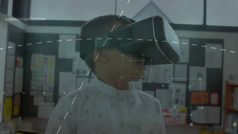 Young Boy Experiencing Virtual Reality in Classroom