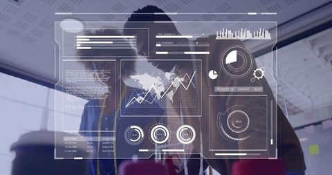 Team analyzing holographic data dashboard in open-plan office for modern collaboration