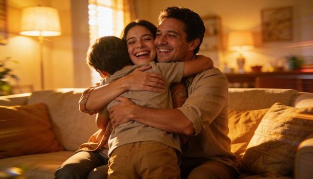 Parents hugging and smiling with young son on sofa during golden hour, cozy family embrace