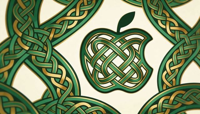 Celtic knot apple emblem in green and gold weaving, ornate interlaced decorative pattern