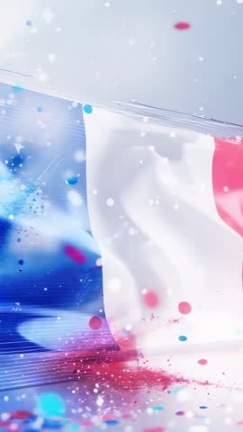 Waving French Flag Animation with Confetti and Light Streaks Vertical Loop