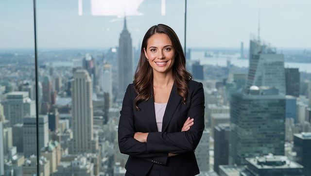 Confident businesswoman standing smiling with arms crossed against new york city skyline