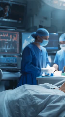 Vertical surgical team making incision and clamping tissue with forceps in operating room