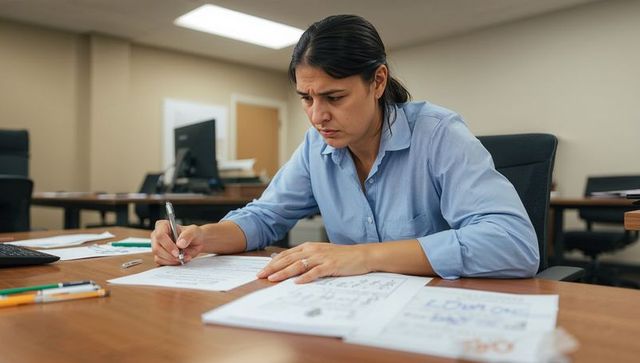 Indian woman concentrating while completing paperwork at office desk, business focus